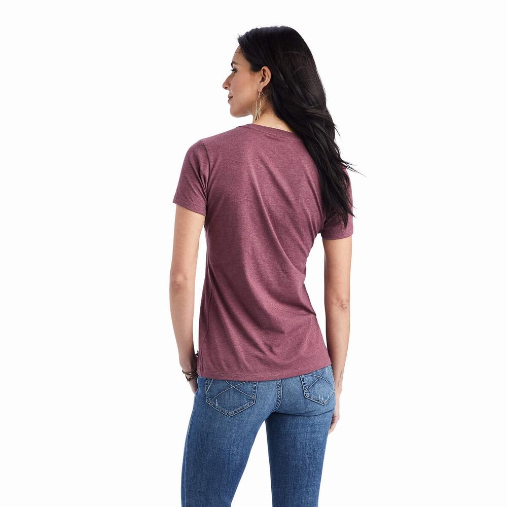 Burgundy Women's Ariat Floral Letters Tops | 9862-IZLBW