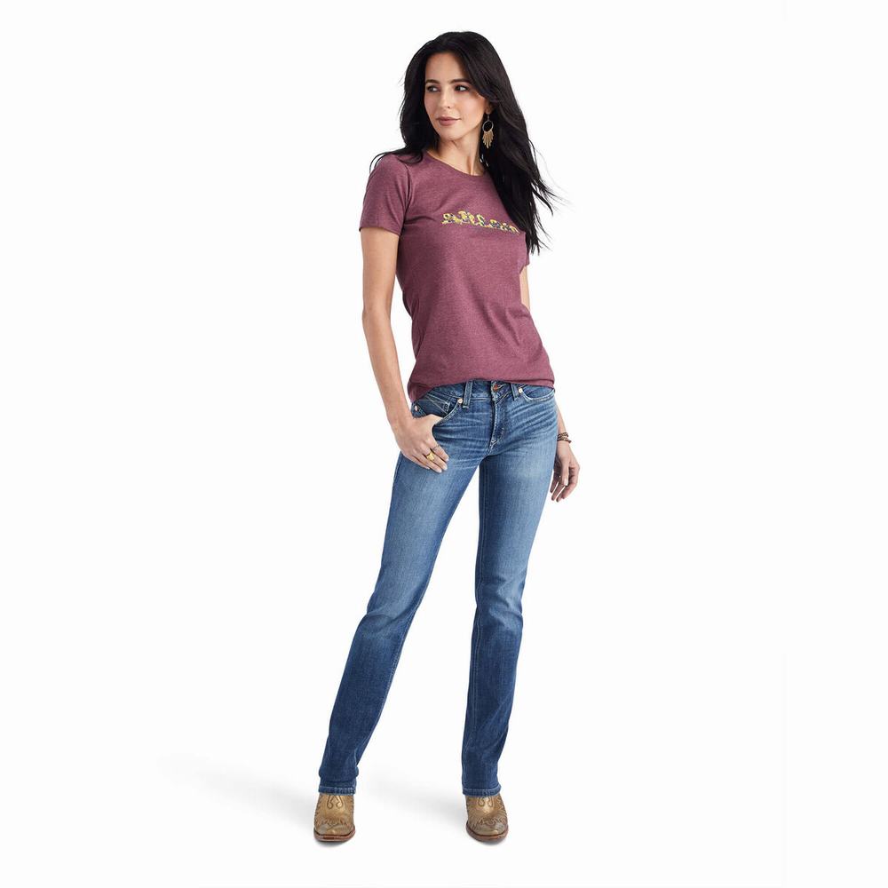 Burgundy Women's Ariat Floral Letters Tops | 9862-IZLBW