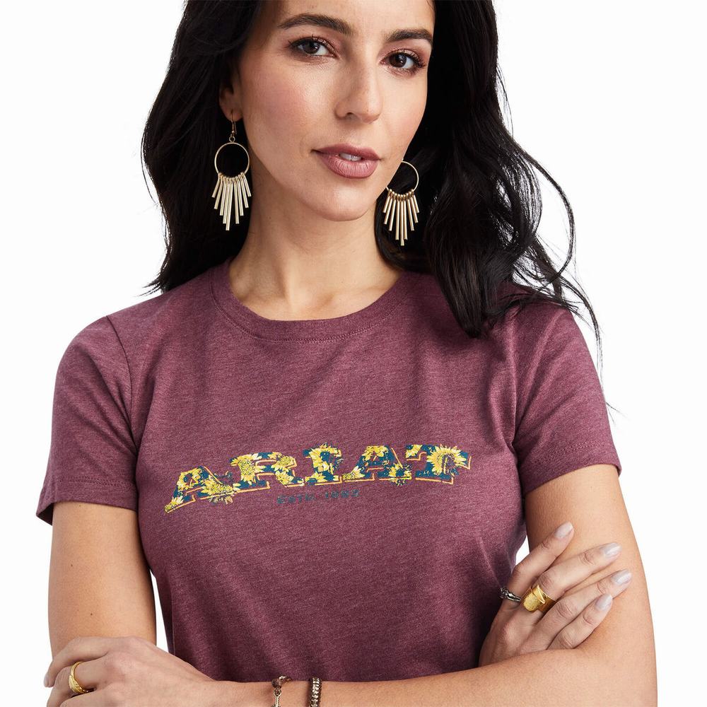 Burgundy Women's Ariat Floral Letters Tops | 9862-IZLBW