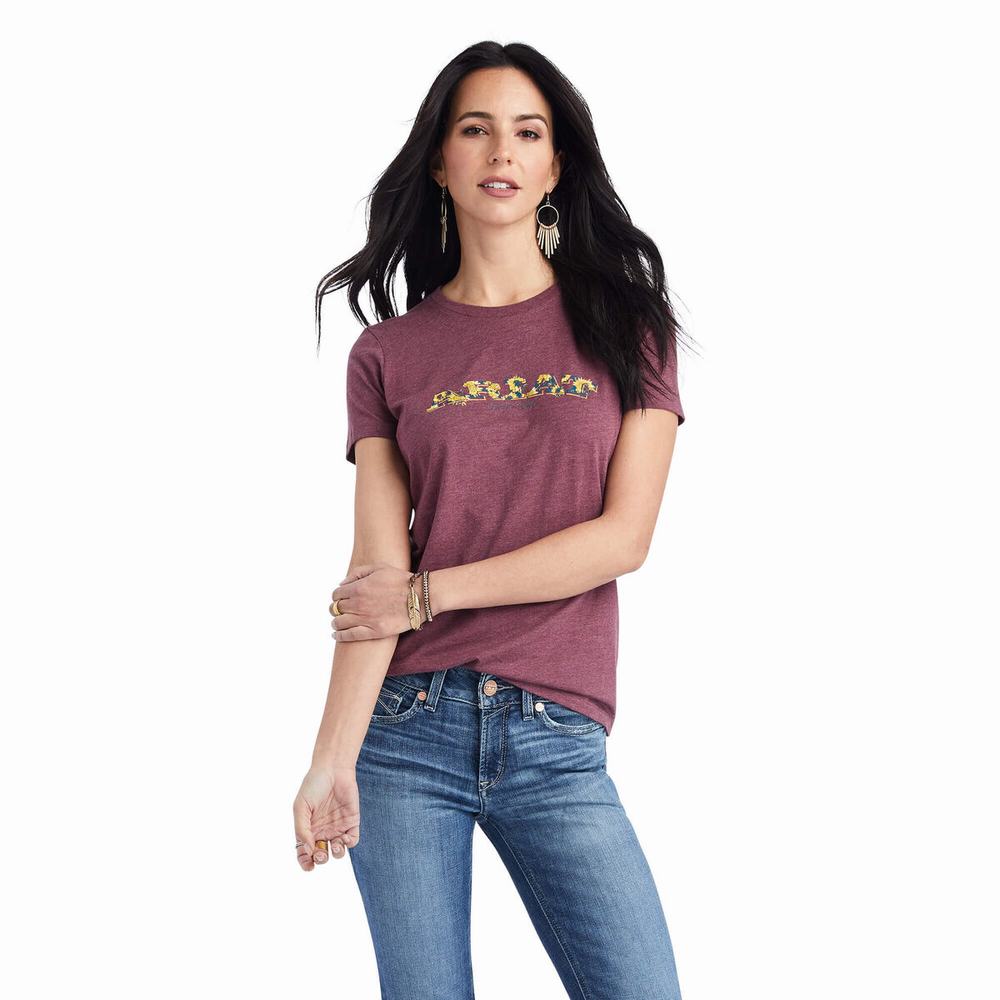 Burgundy Women\'s Ariat Floral Letters Tops | 9862-IZLBW