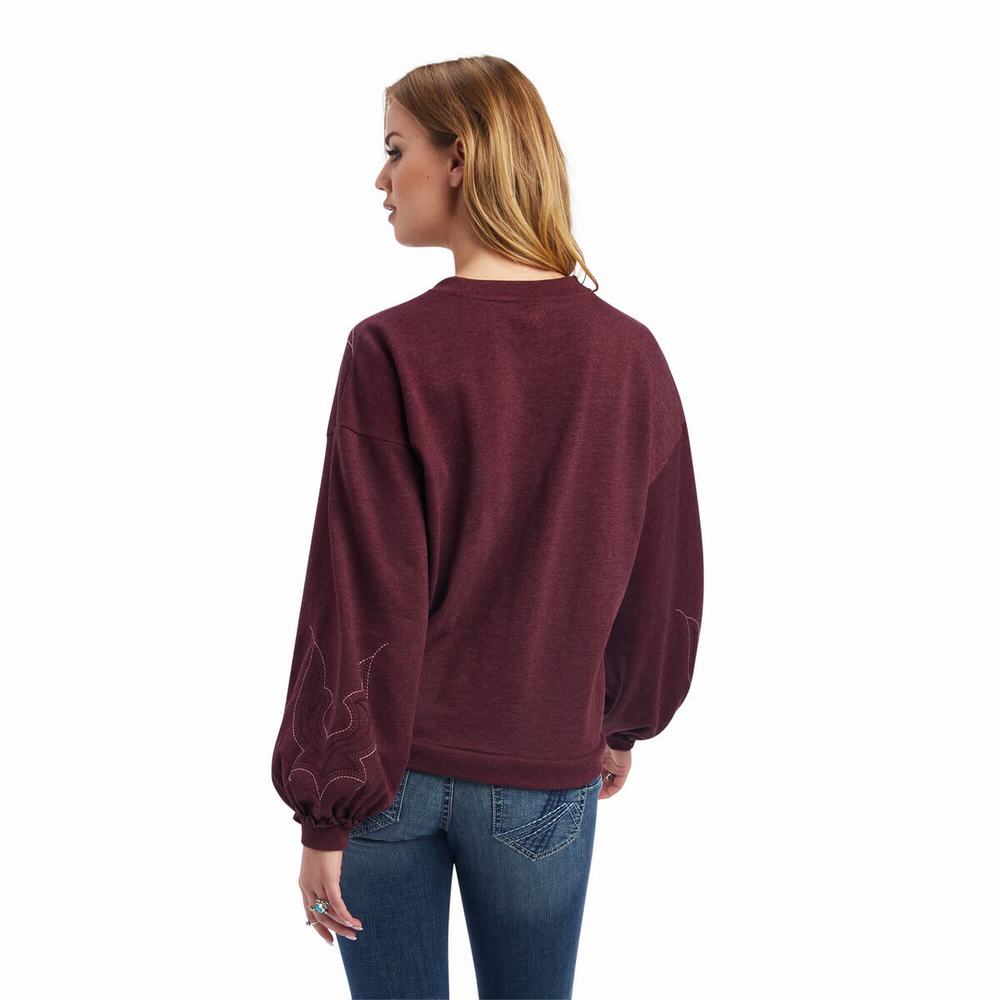 Burgundy Women's Ariat Stitched Crew Hoodies | 2643-SRYBI