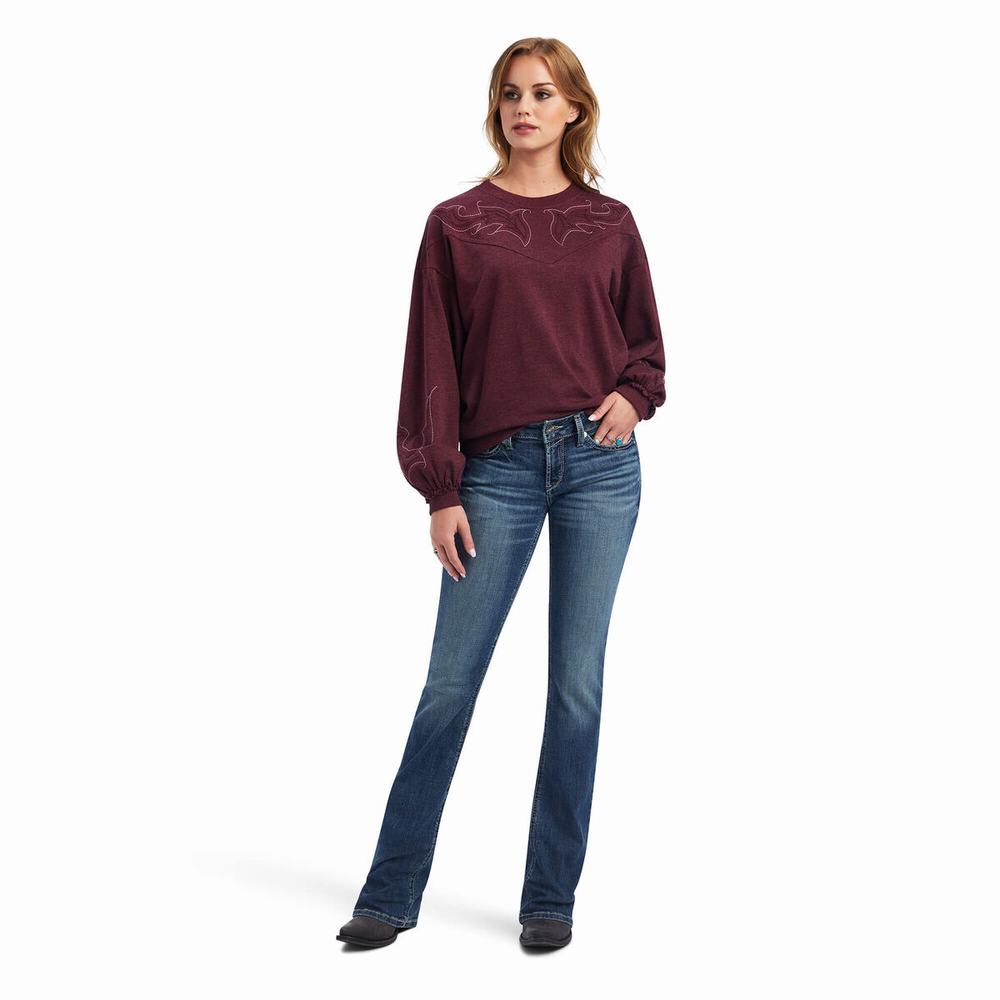 Burgundy Women's Ariat Stitched Crew Hoodies | 2643-SRYBI