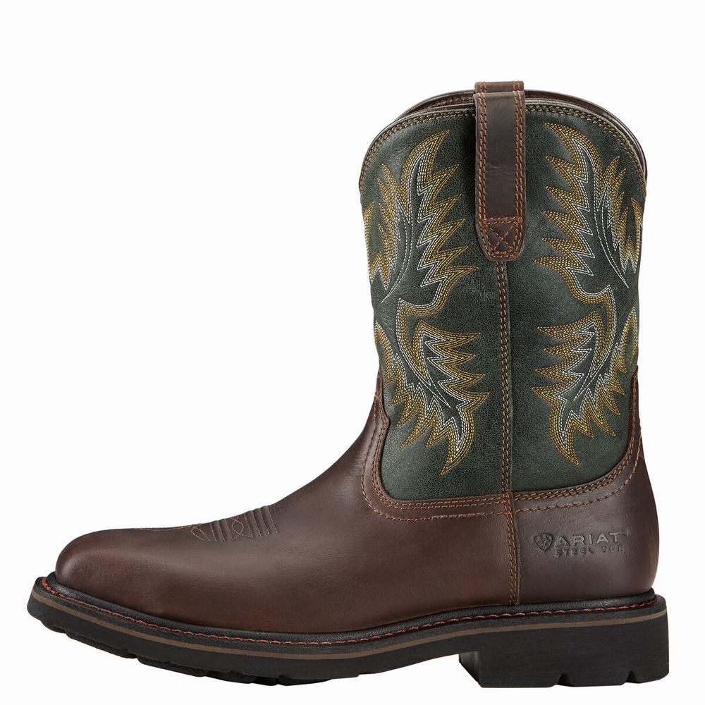 Dark Brown Men's Ariat Sierra Wide Square Toe Steel Toe Work Boots | 4938-ISFNX