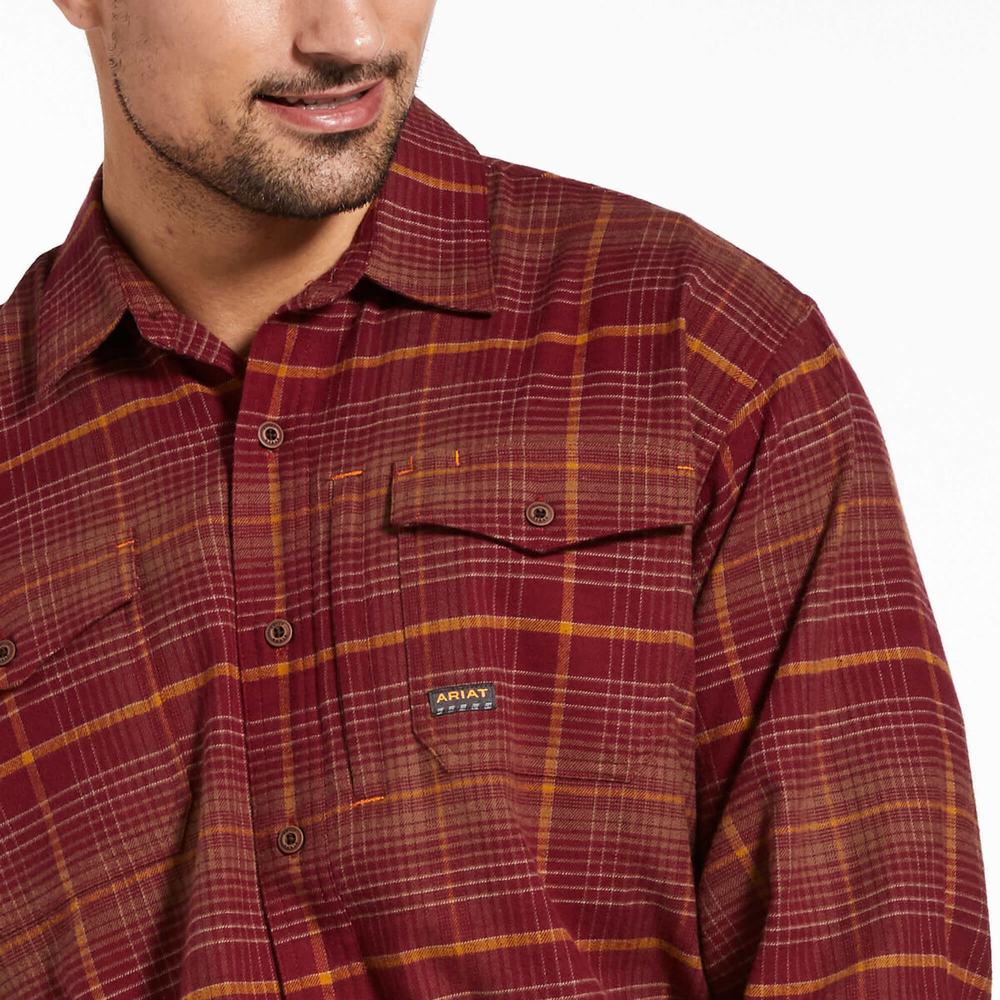 Dark Red Men's Ariat Rebar Flannel DuraStretch Shirts | 1349-TYGOB