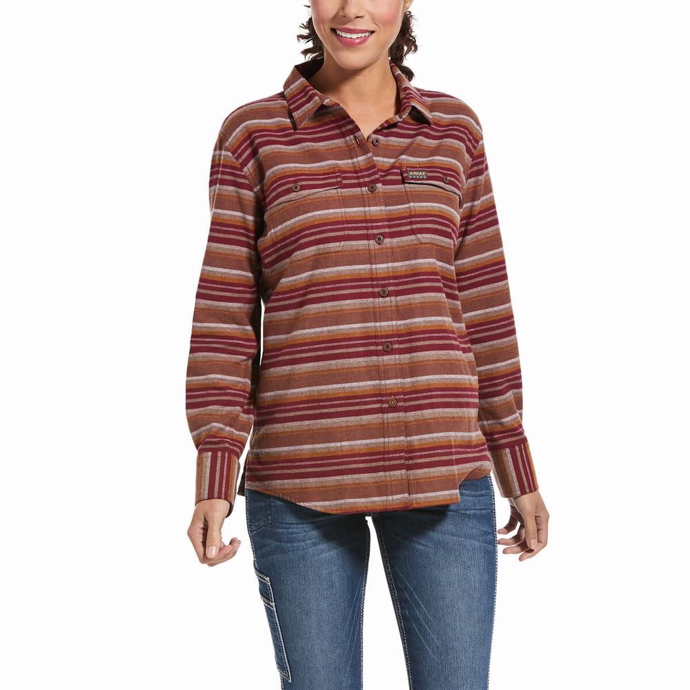 Dark Red Stripes Women\'s Ariat Rebar Flannel DuraStretch Shirts | 9725-BVFGN