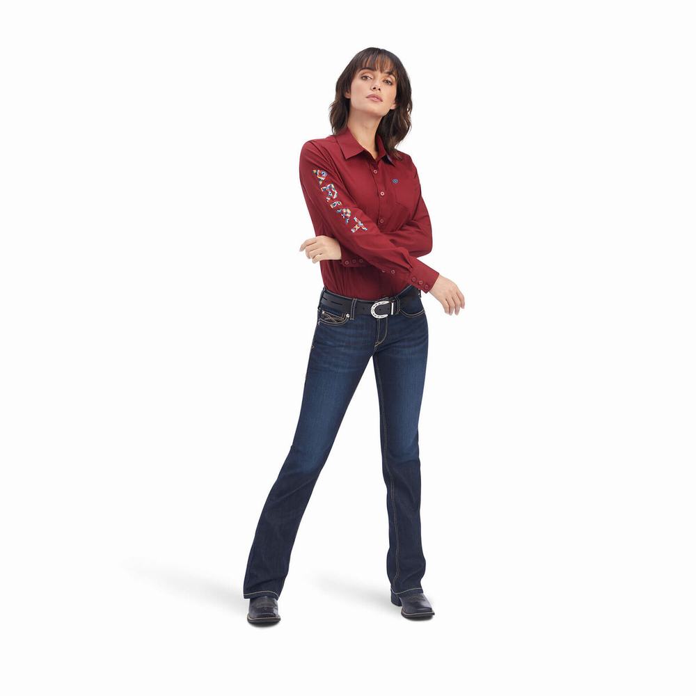 Dark Red Women's Ariat Team Kirby Stretch Tops | 9421-LHNPX