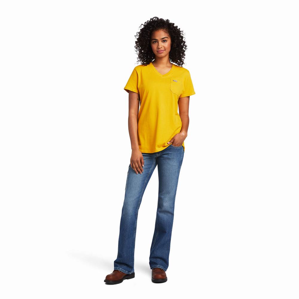 Gold Women's Ariat Rebar Cotton Strong V-Neck Short Sleeve | 6520-XDPIO