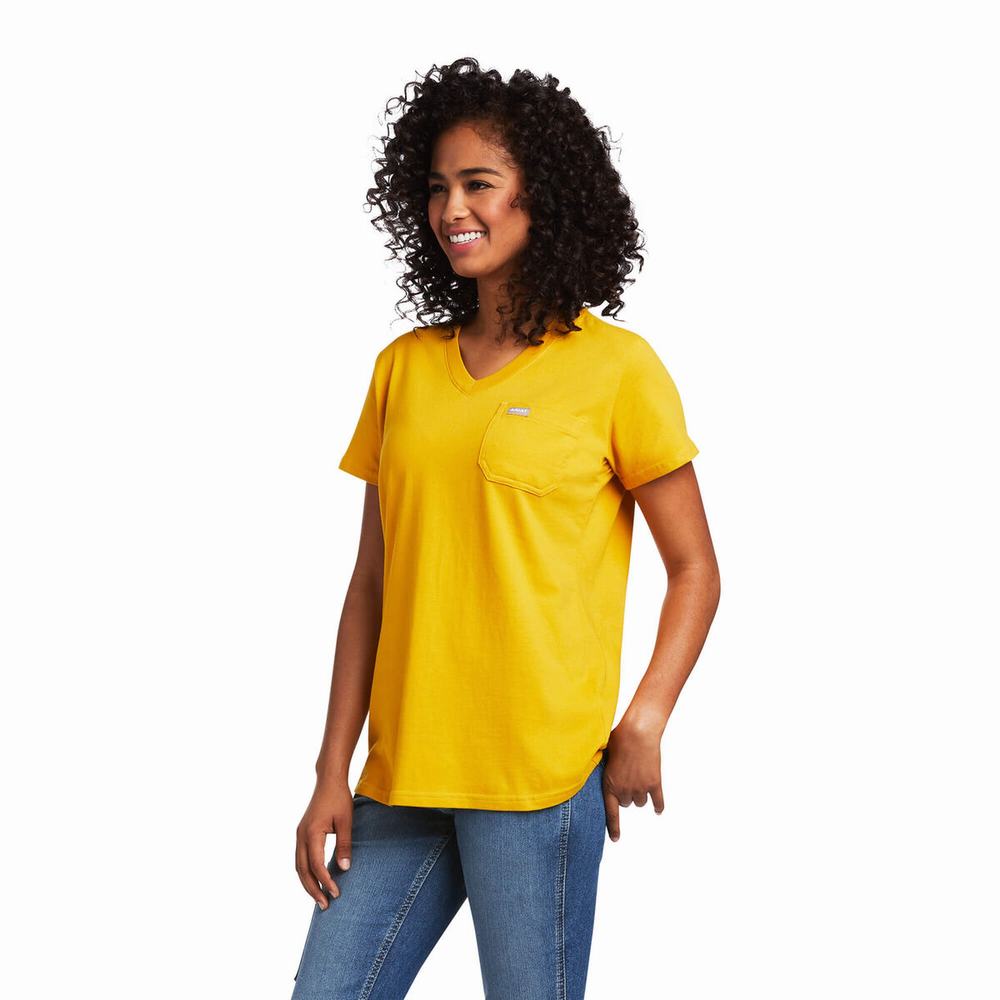 Gold Women\'s Ariat Rebar Cotton Strong V-Neck Short Sleeve | 6520-XDPIO