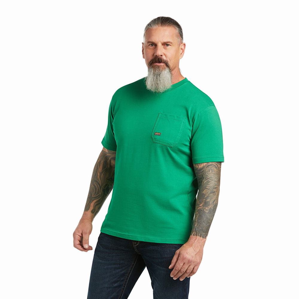 Green Men's Ariat Rebar Cotton Strong American Outdoors Tops | 7415-DHMEZ