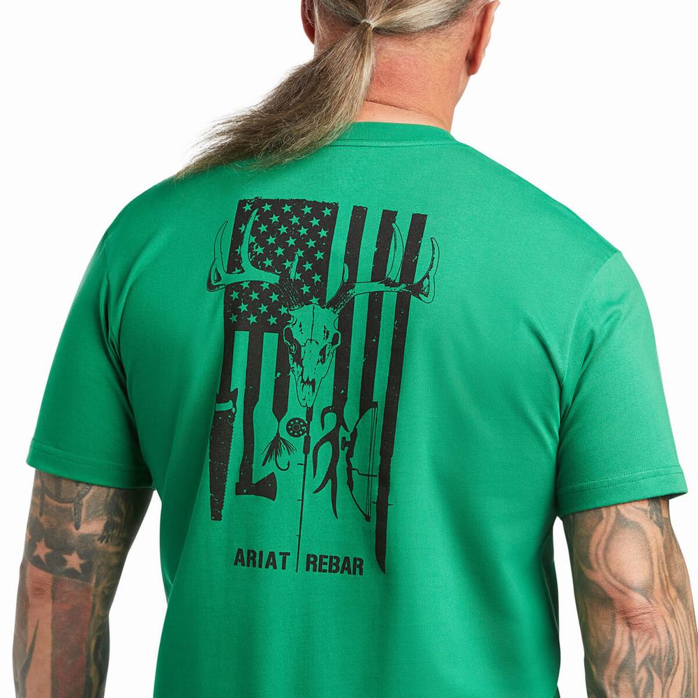 Green Men's Ariat Rebar Cotton Strong American Outdoors Tops | 7415-DHMEZ