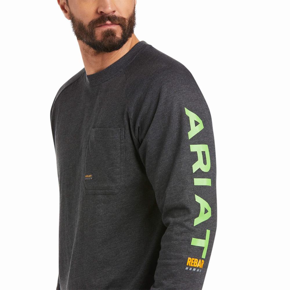 Grey Light Green Men's Ariat Rebar Cotton Strong Graphic T Shirts | 9562-AJNWU