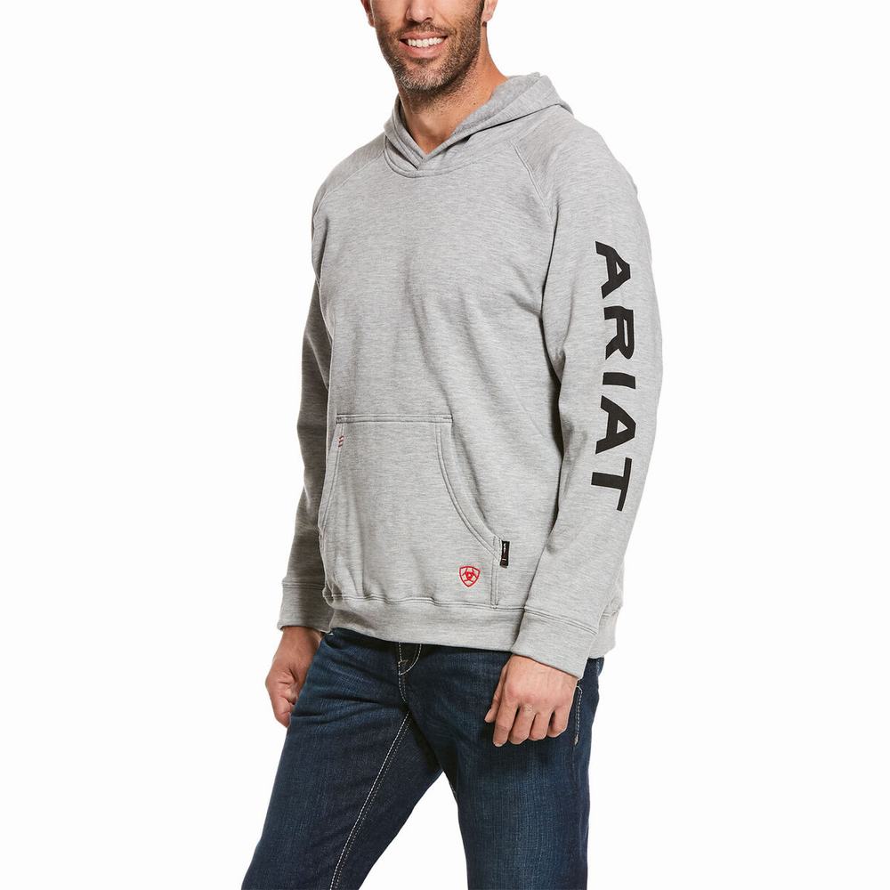 Grey Men\'s Ariat FR Primo Fleece Logo Hoodies | 0485-DTENH