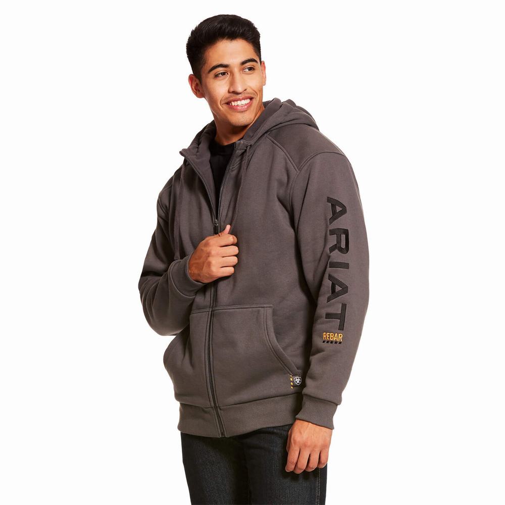 Grey Men\'s Ariat Rebar All-Weather Full Zip Hoodies | 4792-YPAVL