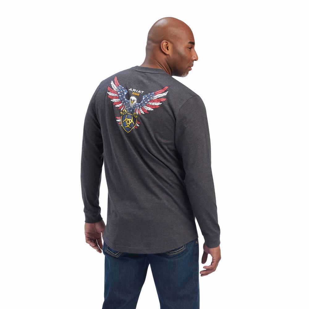 Grey Men's Ariat Rebar Cotton Strong American Raptor T Shirts | 9745-NKREQ