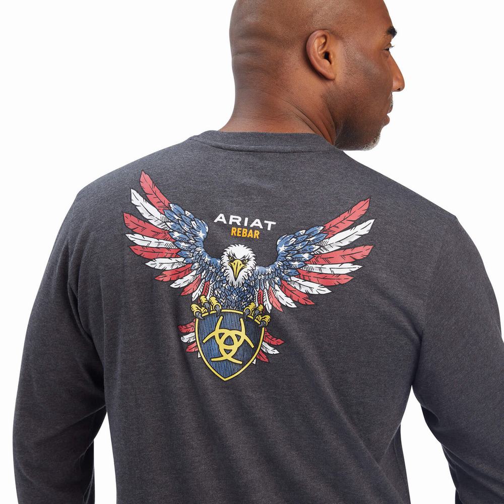 Grey Men's Ariat Rebar Cotton Strong American Raptor T Shirts | 9745-NKREQ