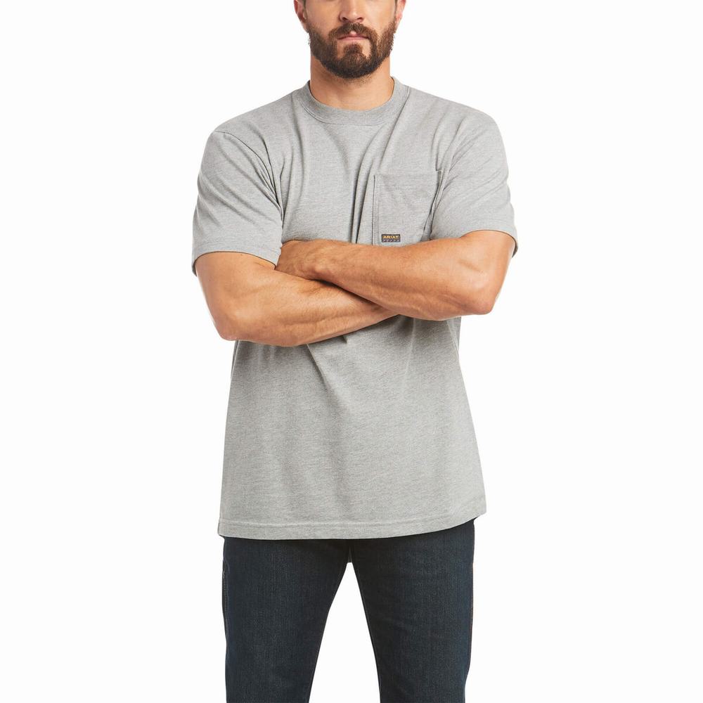 Grey Men's Ariat Rebar Cotton Strong Done Right Short Sleeve | 2473-CWYFO