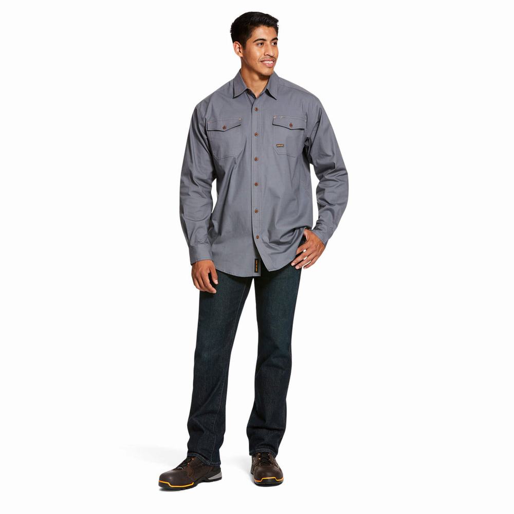 Grey Men's Ariat Rebar Made Tough DuraStretch Shirts | 5960-WHZVM