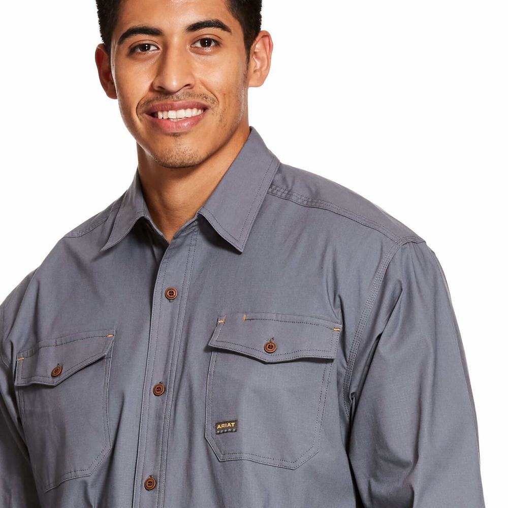 Grey Men's Ariat Rebar Made Tough DuraStretch Shirts | 5960-WHZVM