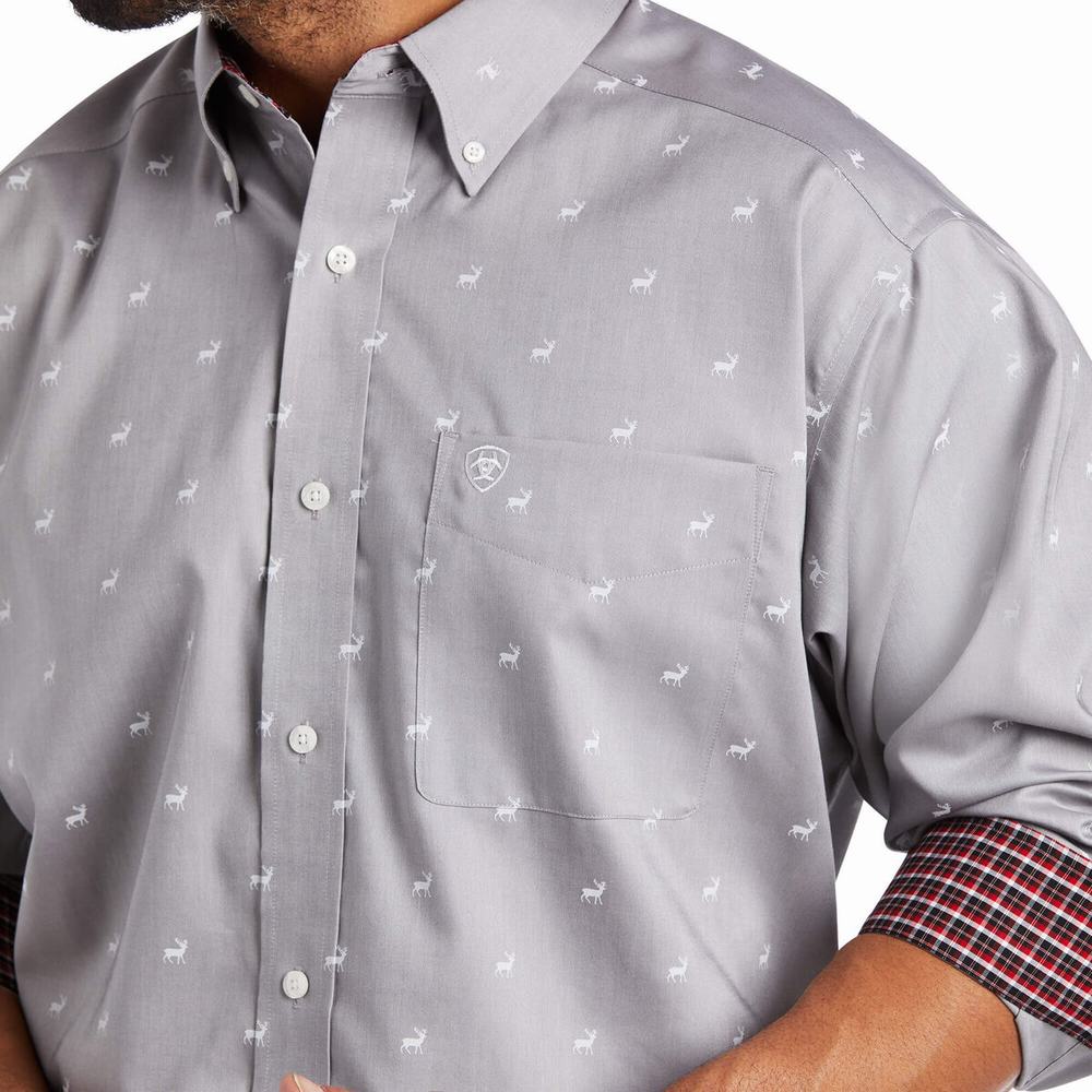 Grey Men's Ariat Wrinkle Free Alvin Classic Fit Shirts | 0958-LTZEK