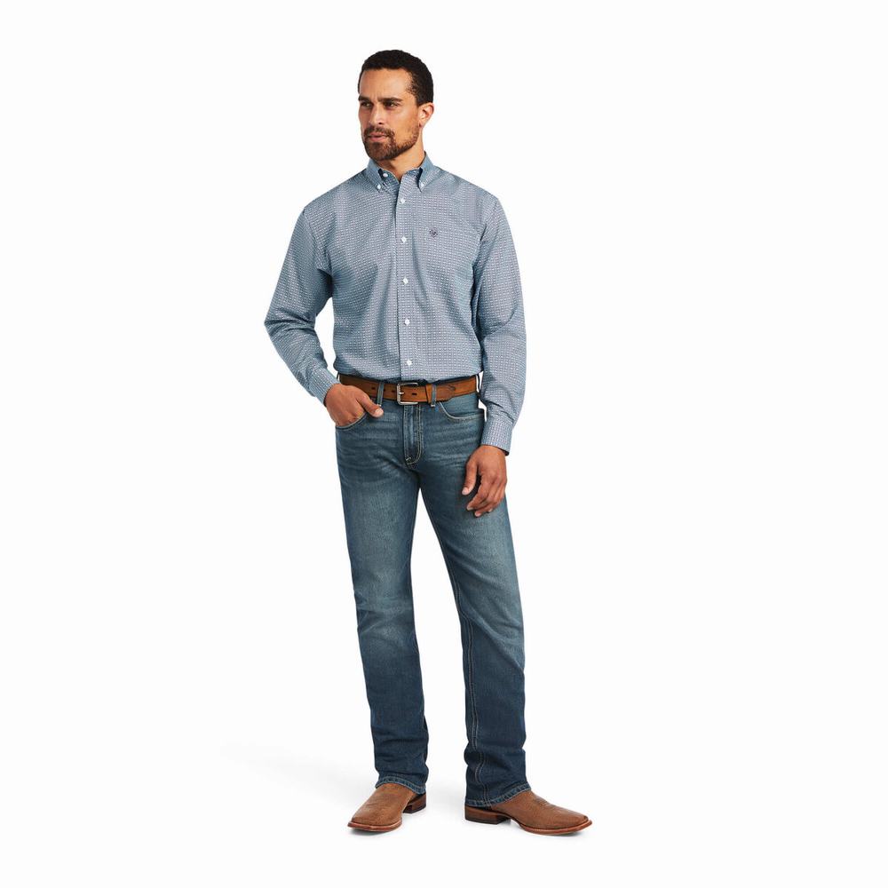 Grey Men's Ariat Wrinkle Free Yoel Classic Fit Shirts | 9013-IOGHA