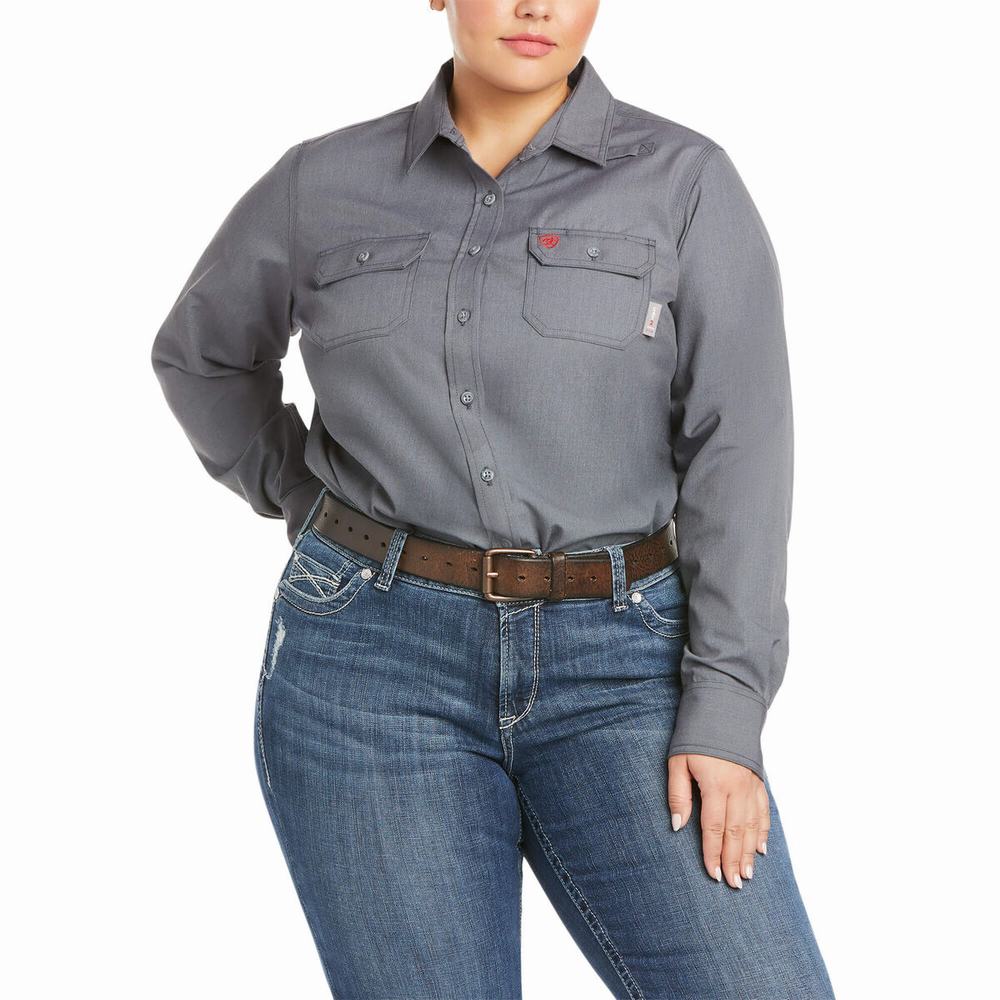 Grey Women's Ariat FR Featherlight Shirts | 0893-OSZNL