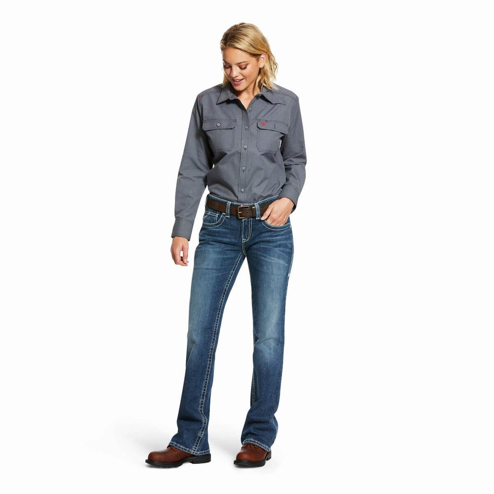 Grey Women's Ariat FR Featherlight Shirts | 0893-OSZNL