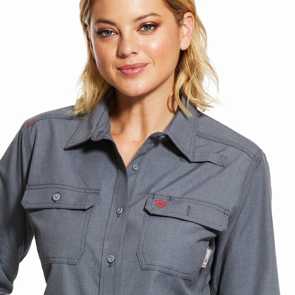 Grey Women's Ariat FR Featherlight Shirts | 0893-OSZNL