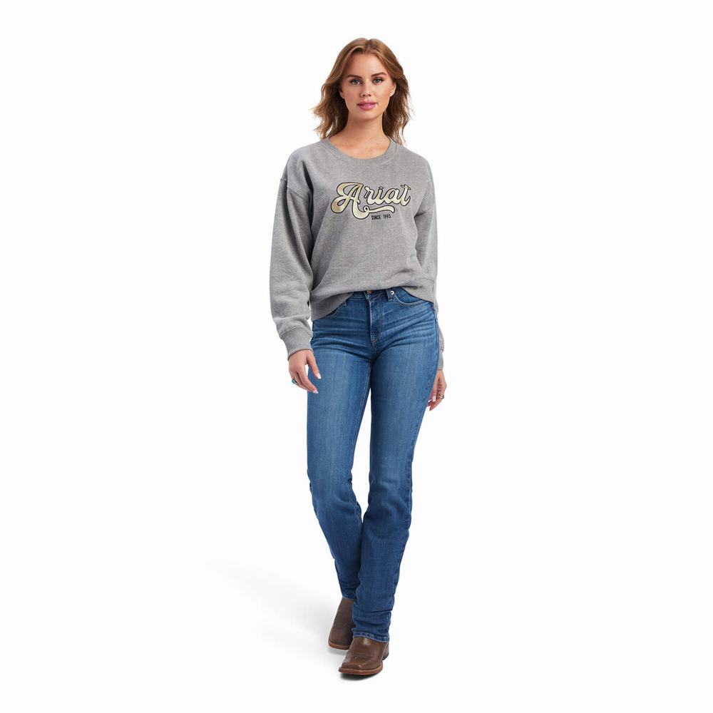 Grey Women's Ariat REAL Metallic Varsity Logo Hoodies | 8672-WKXVJ