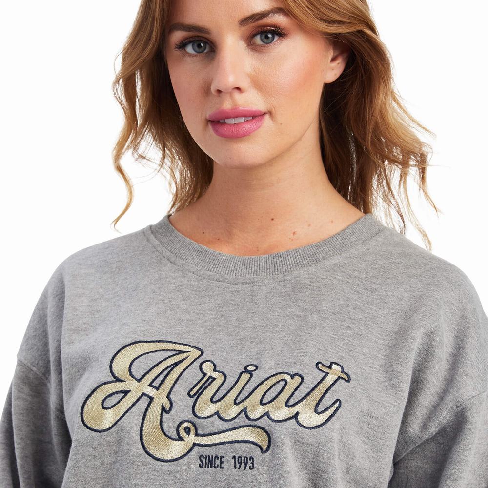 Grey Women's Ariat REAL Metallic Varsity Logo Hoodies | 8672-WKXVJ