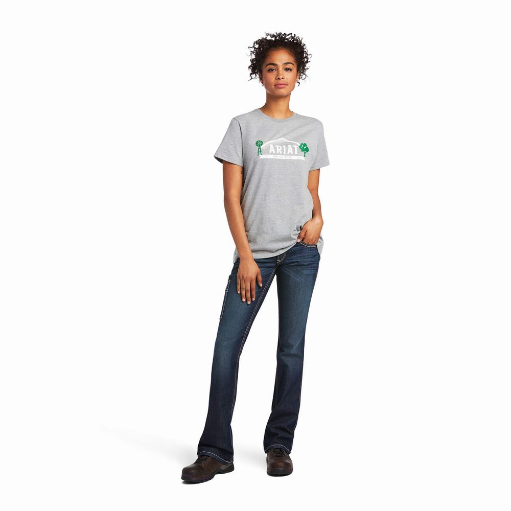 Grey Women's Ariat Rebar Cotton Strong Farm Graphic Tops | 0719-TZFVX