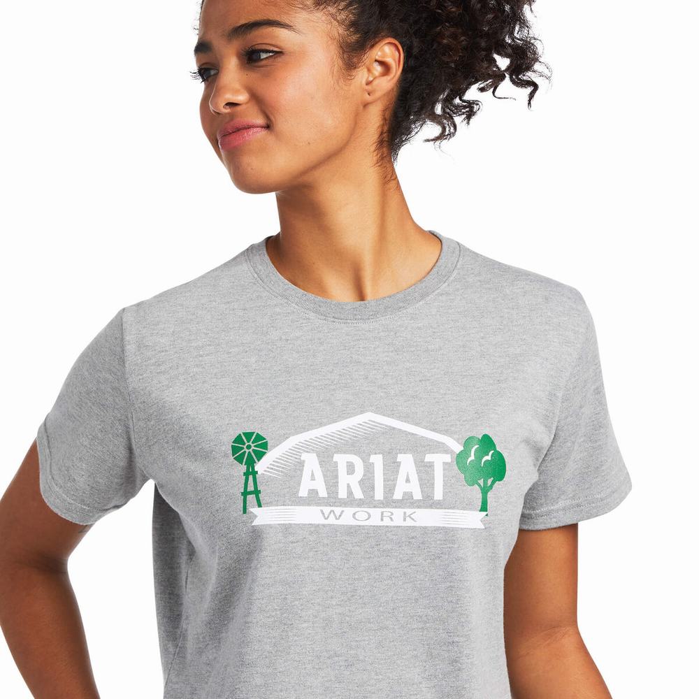 Grey Women's Ariat Rebar Cotton Strong Farm Graphic Tops | 0719-TZFVX