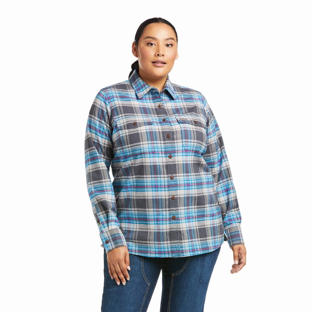 Grey Women's Ariat Rebar Flannel DuraStretch Shirts | 3194-YJTNB