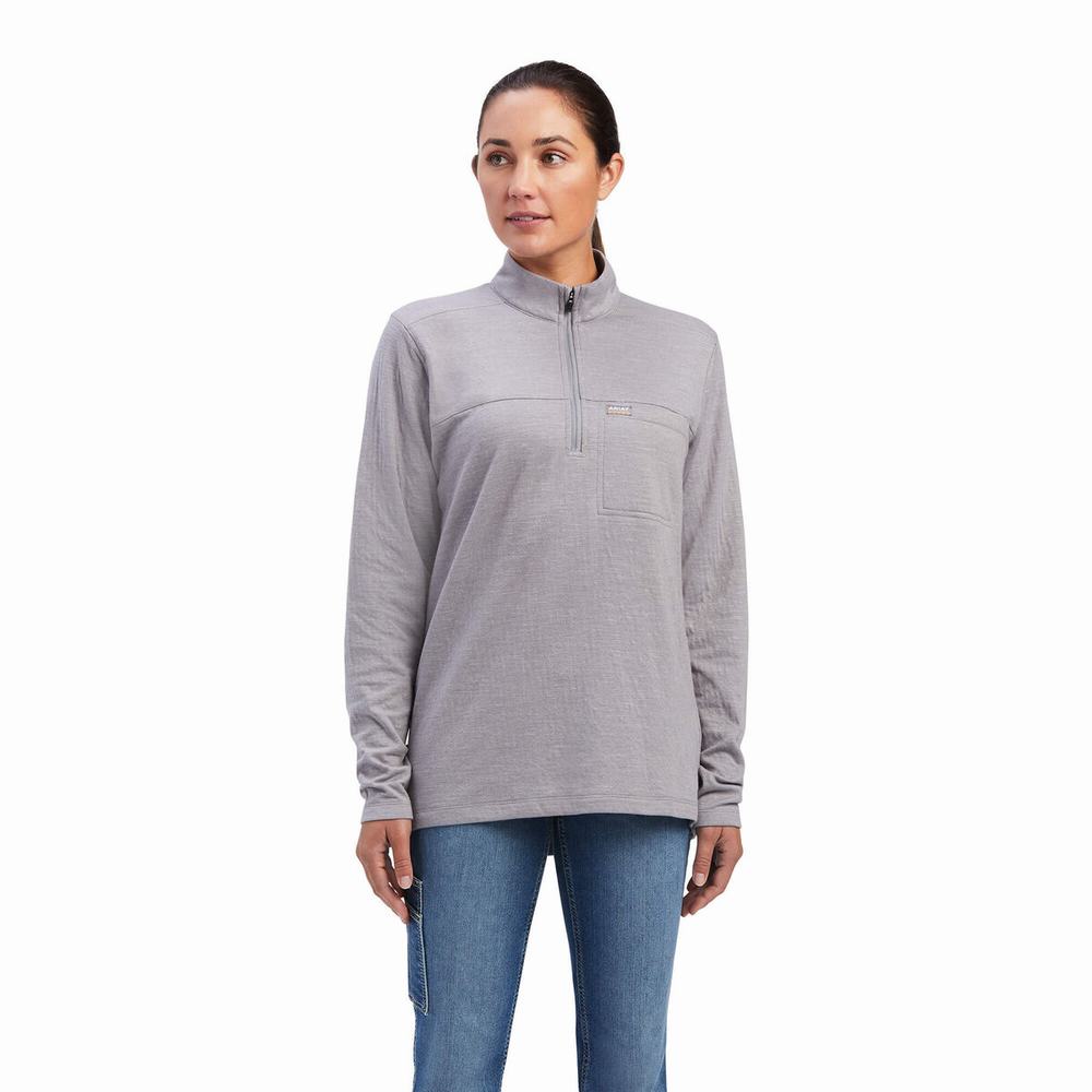 Grey Women\'s Ariat Rebar Foundation 1/4 Zip Shirts | 4769-SMCKN