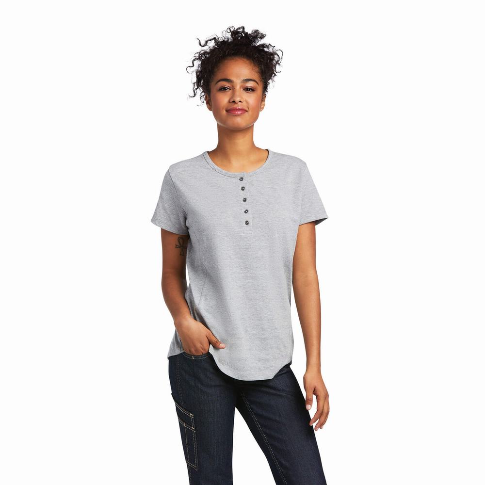 Grey Women\'s Ariat Rebar Henley Tops | 5230-RNDHX