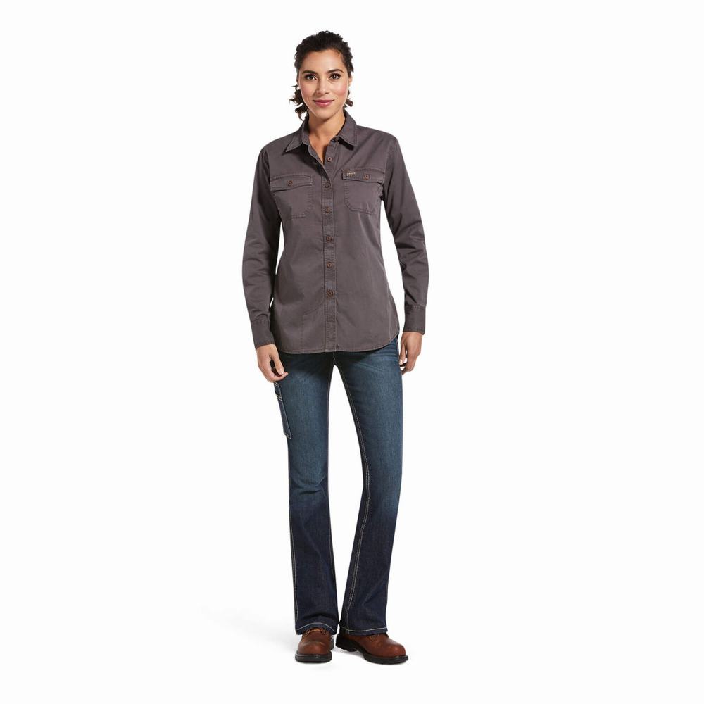 Grey Women's Ariat Rebar Washed Twill Shirts | 2130-NMCEV