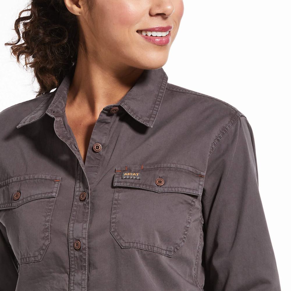 Grey Women's Ariat Rebar Washed Twill Shirts | 2130-NMCEV