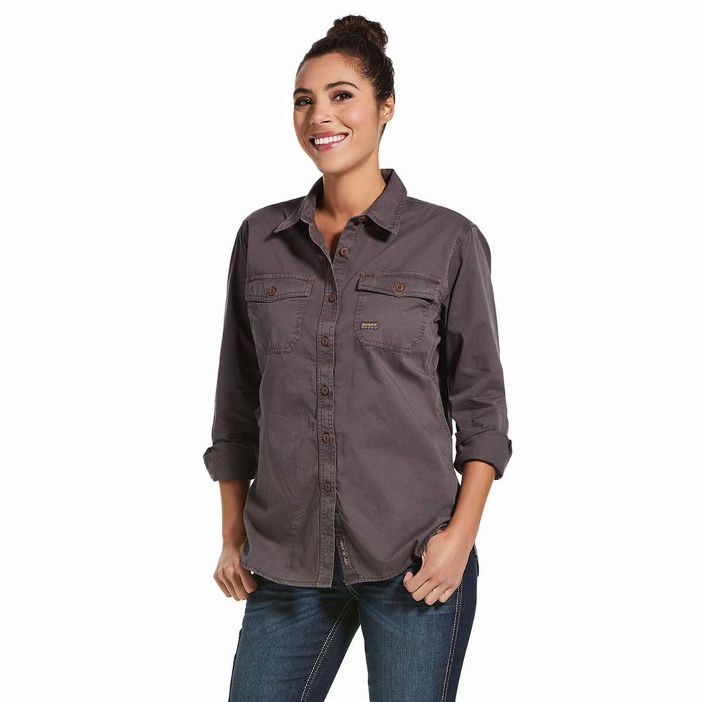 Grey Women\'s Ariat Rebar Washed Twill Shirts | 2130-NMCEV