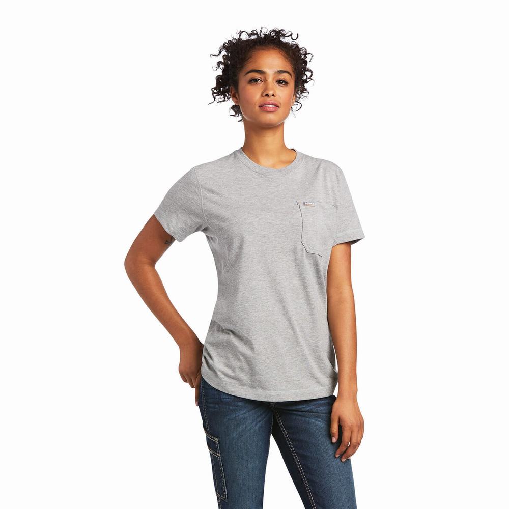 Grey Women's Ariat Rebar Workman Graphic Logo Tops | 5742-ERZAP