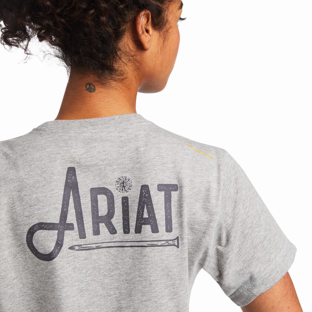 Grey Women's Ariat Rebar Workman Graphic Logo Tops | 5742-ERZAP