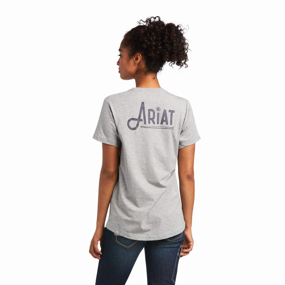 Grey Women\'s Ariat Rebar Workman Graphic Logo Tops | 5742-ERZAP