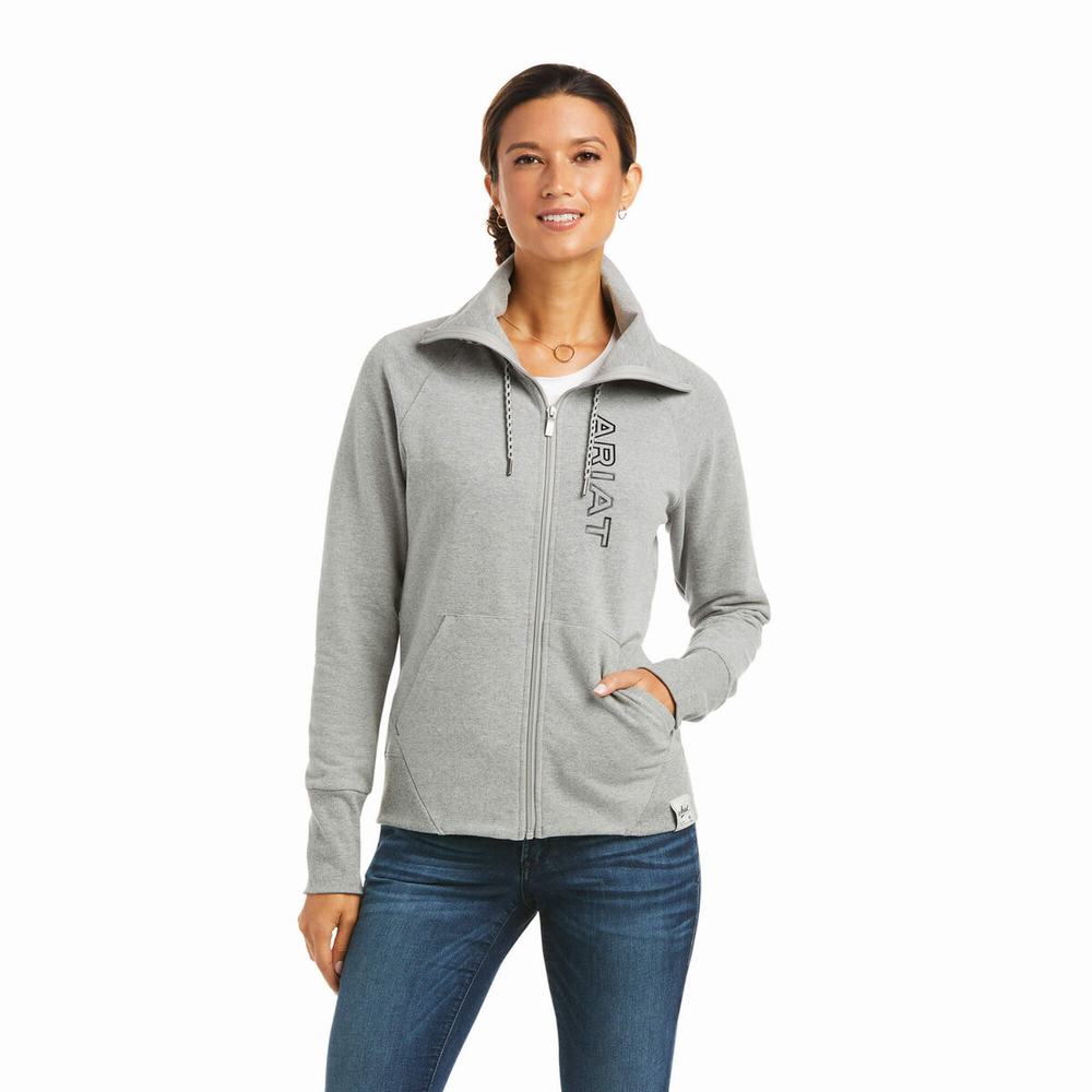 Grey Women\'s Ariat Team Logo Full Zip Hoodies | 7081-ZKJMU