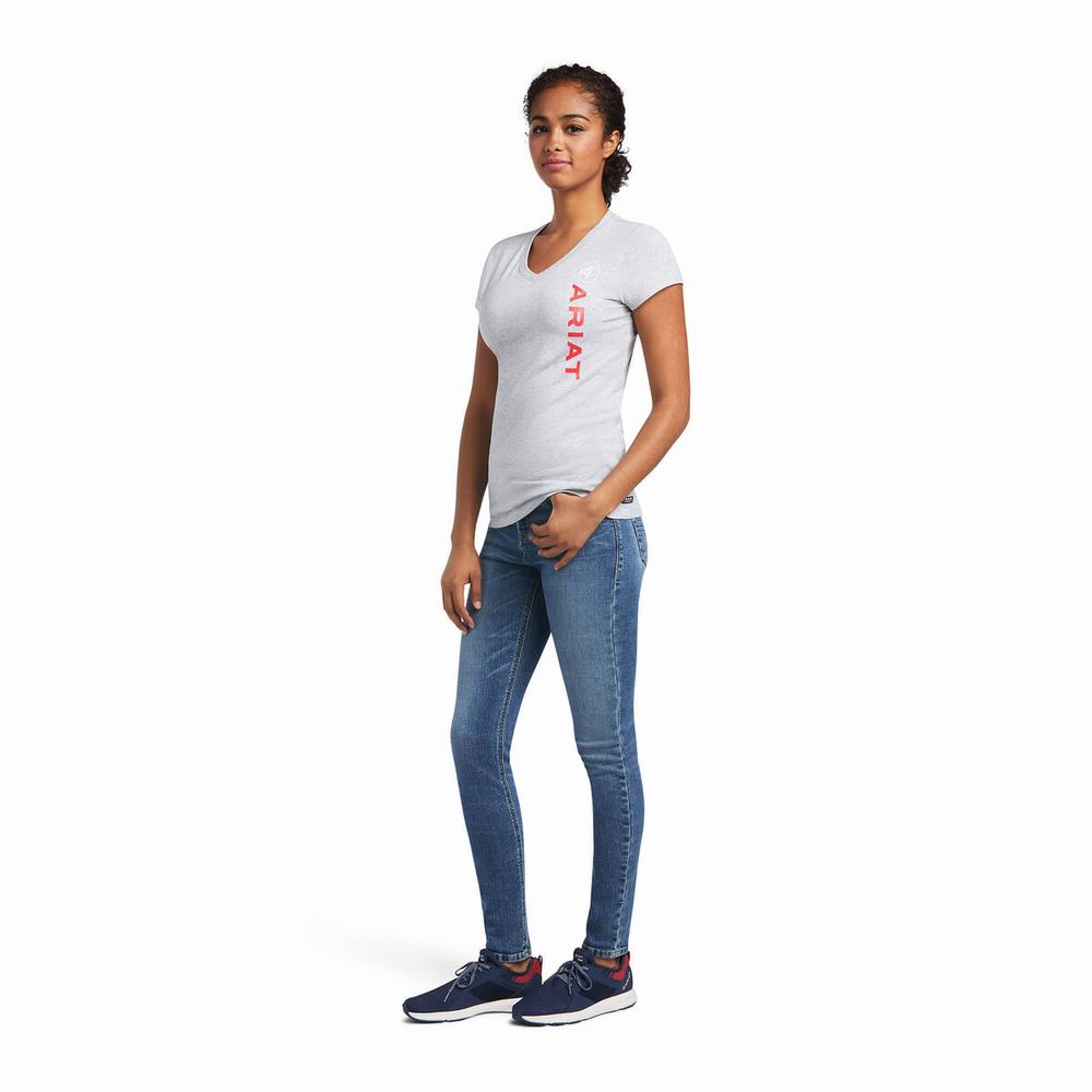 Grey Women's Ariat Vertical Logo Tops | 3702-MQUJV