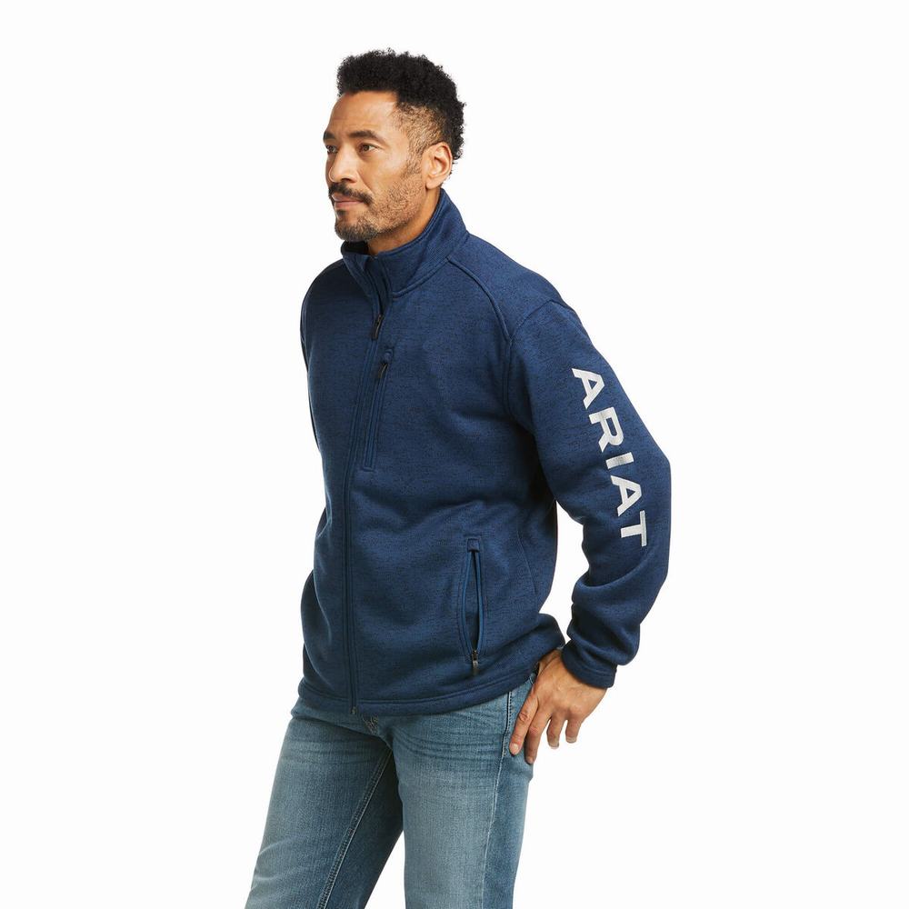 Indigo Men\'s Ariat Caldwell Logo Full Zip Hoodies | 3208-ZDXCY