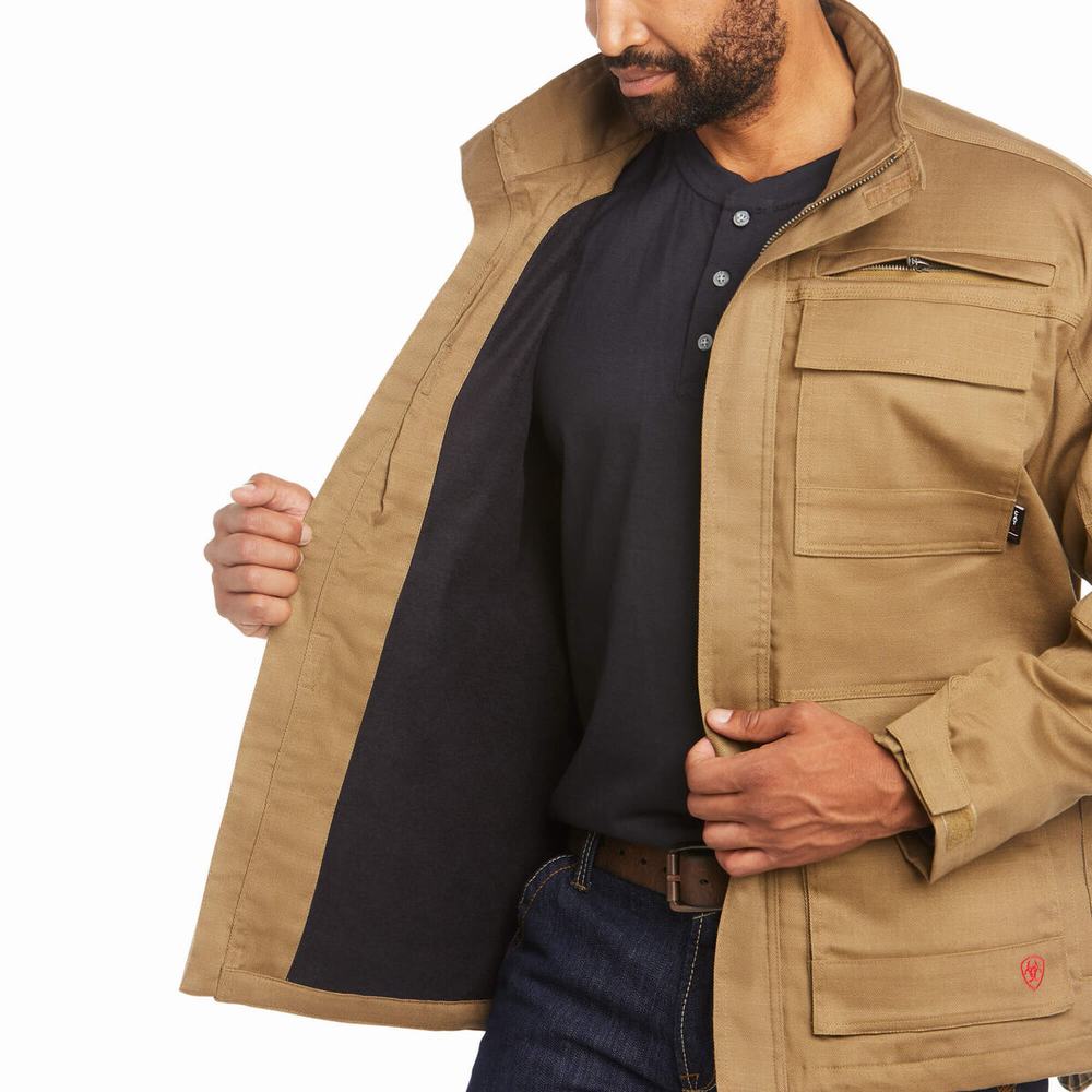 Khaki Men's Ariat FR Canvas Stretch Jackets | 8306-WPBDM