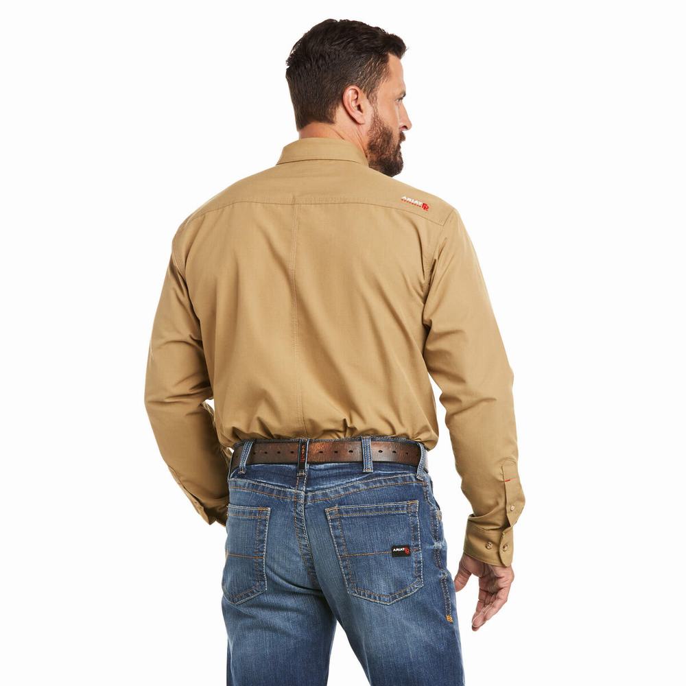 Khaki Men's Ariat FR Featherlight Shirts | 2659-IRYLV