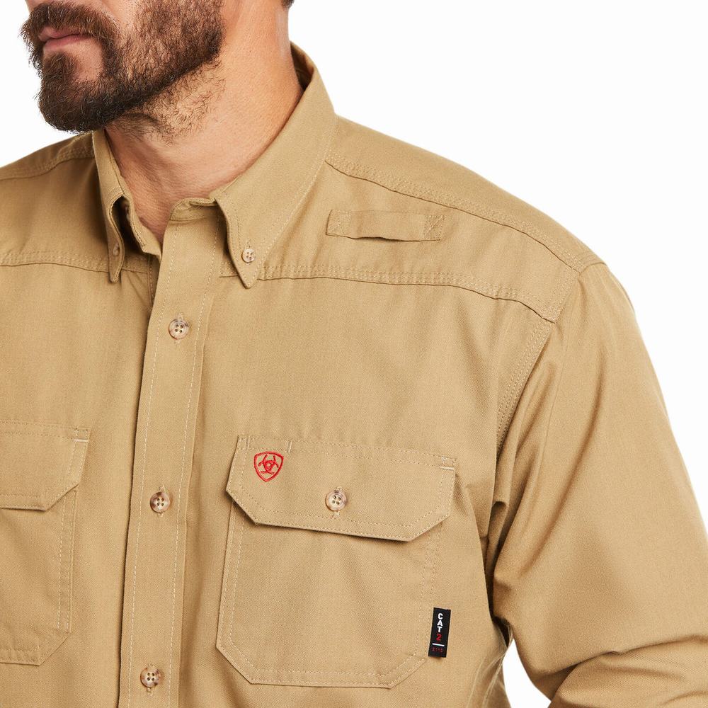 Khaki Men's Ariat FR Featherlight Shirts | 2659-IRYLV