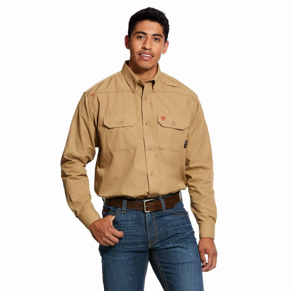 Khaki Men\'s Ariat FR Featherlight Shirts | 2659-IRYLV