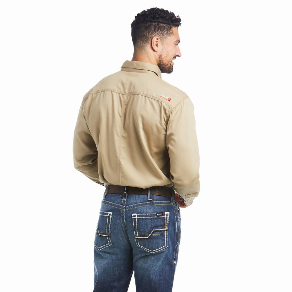 Khaki Men's Ariat FR Solid Shirts | 7649-RWPCA