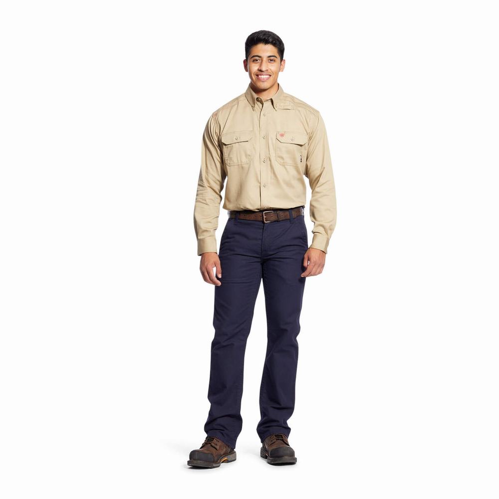 Khaki Men's Ariat FR Solid Shirts | 7649-RWPCA