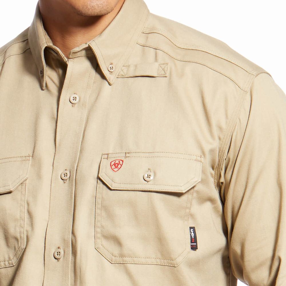 Khaki Men's Ariat FR Solid Shirts | 7649-RWPCA